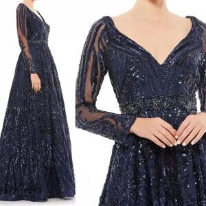 Mac Duggal 67113 Navy Sequin Long Sleeve Embellished Evening Gown 14 NWT  $598